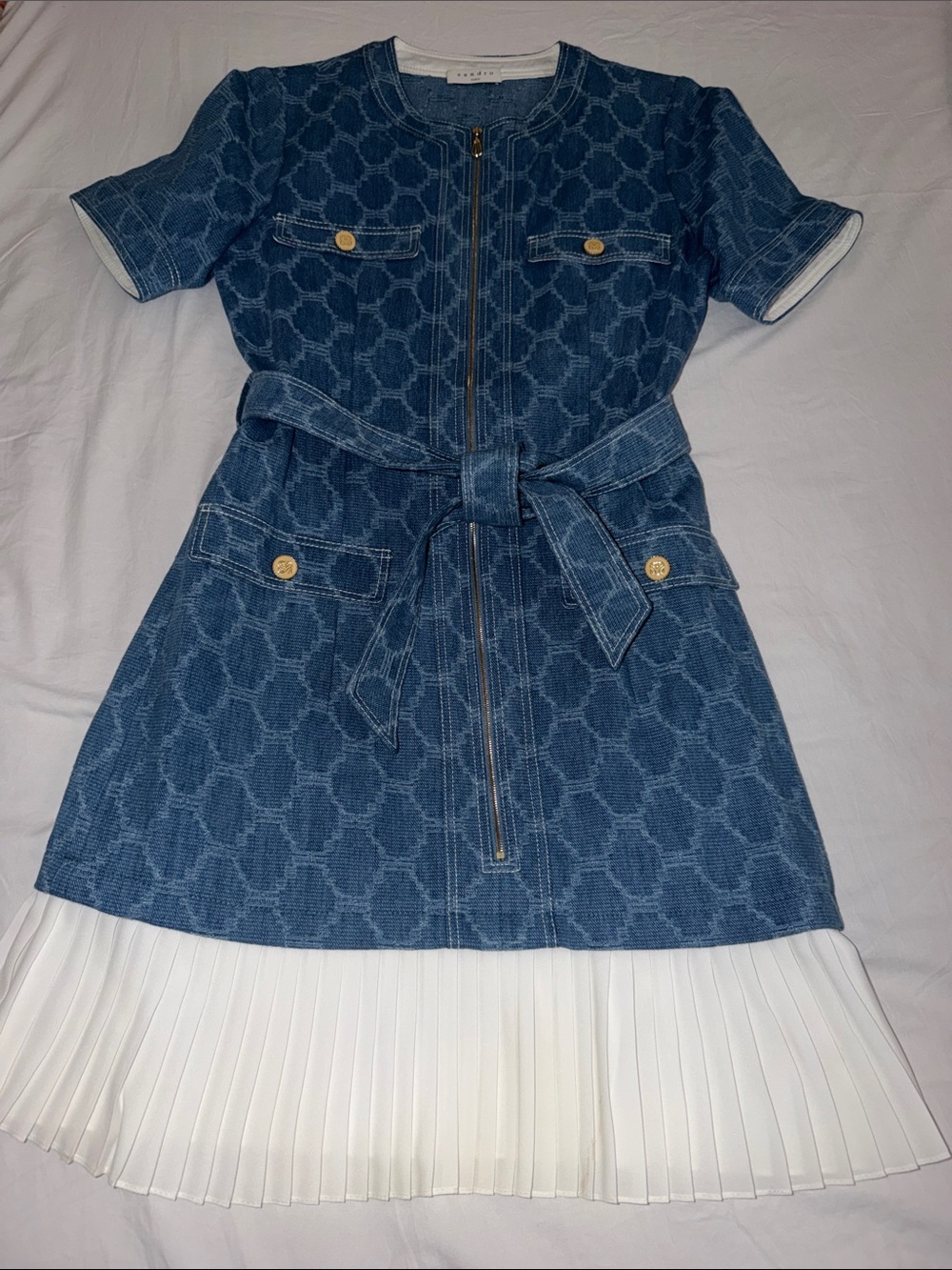 Sandro Kayle Medallion Jacquard Ruffle Hem Denim Dress NWOT - Picture 3 of 4
